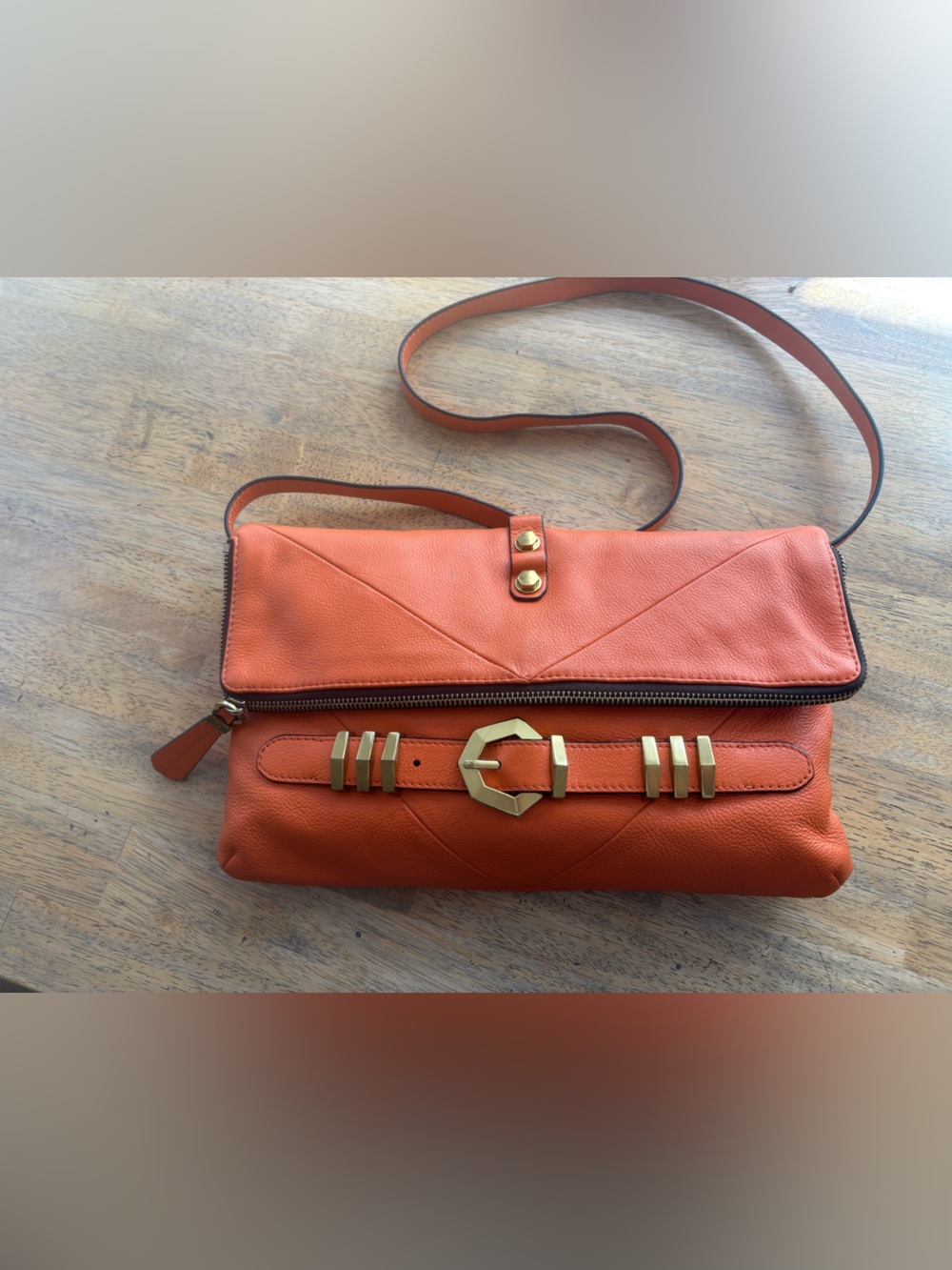 orYANY Orange Leather Rocker Foldover Bag with Gold Hardware